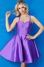 close-up of model wearing Jovani 09464 in purple front view
