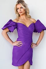 model wearing Jovani 09476 purple dress with off-shoulder neckline and puff sleeves front view