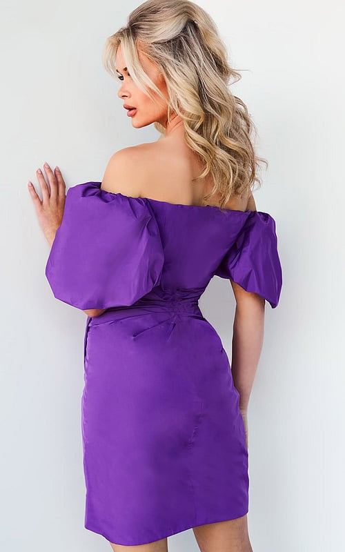 model wearing Jovani 09476 purple dress with off-shoulder neckline and puff sleeves back view