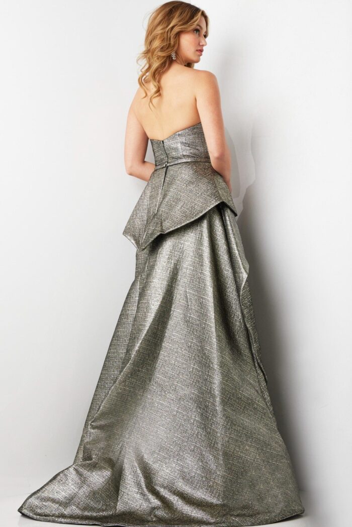 Back view of Jovani 09481 gown with strapless design in metallic silver.