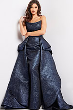 Model in Jovani 09481 facing forward, highlighting the royal gown’s detailed design.