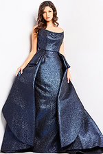 Model wearing Jovani 09481 sophisticated royal dress, emphasizing the front with layered details.