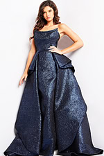 Model wearing Jovani 09481 royal gown with an elegant design and intricate front details.