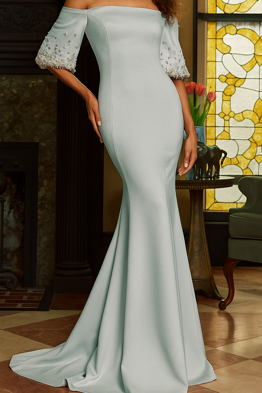 Jovani 09516 Cream Off the Shoulder Short Sleeve Evening