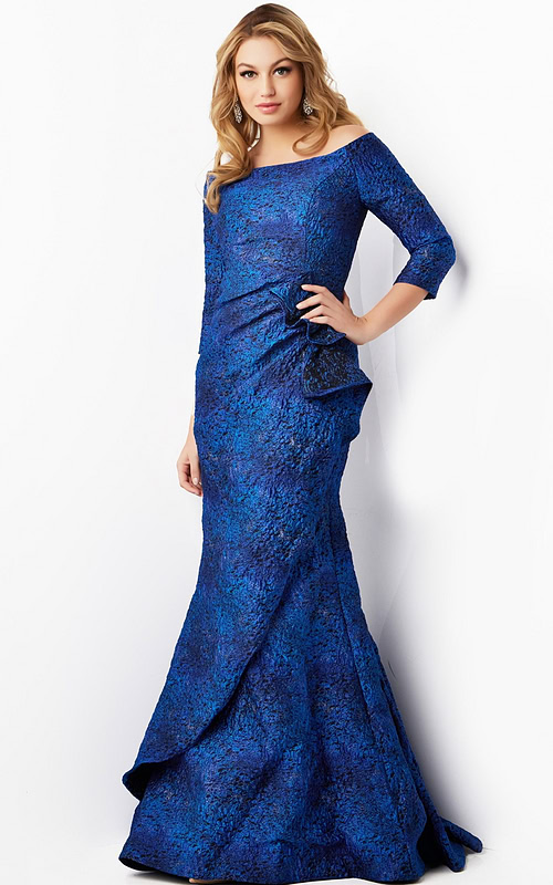 Model wearing Jovani 09550 blue dress with off-the-shoulder neckline