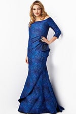 model wearing Jovani 09550 blue dress with off-the-shoulder neckline