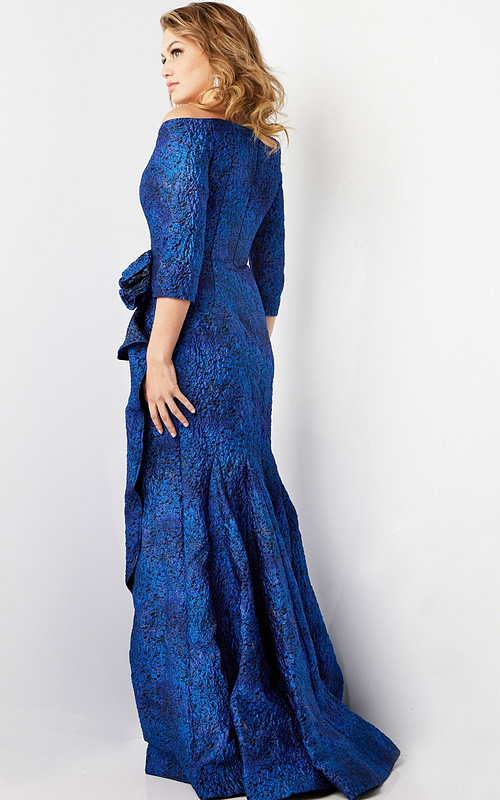 Model showing back of Jovani 09550 blue dress