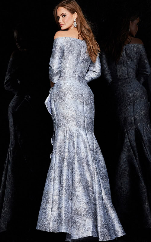 back view of model wearing Jovani 09550 gray dress