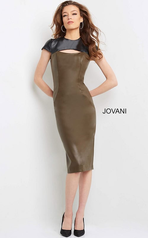 Model wearing Jovani 09584 dress back view with black and brown design