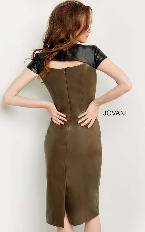 Model wearing Jovani 09584 dress front view with black and brown design