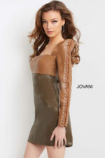 Detailed view of Jovani 09585 camel and olive dress with eyelet detailed sleeves