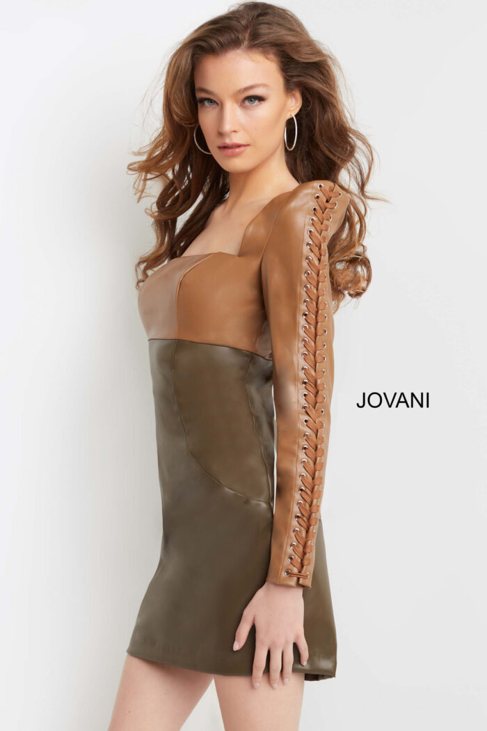 Detailed view of Jovani 09585 camel and olive dress with eyelet detailed sleeves