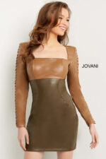 Model wearing Jovani 09585 camel and olive dress with long sleeves and square neckline