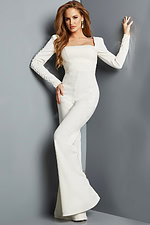 model wearing Jovani 09588 white jumpsuit illustrating front view and sleeve detail