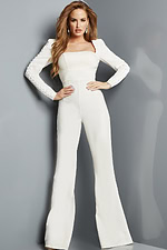 Model wearing Jovani 09588 in white, front view.