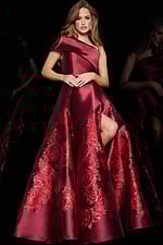 Front view of Jovani 09610 red dress with floral embroidery and single shoulder style.