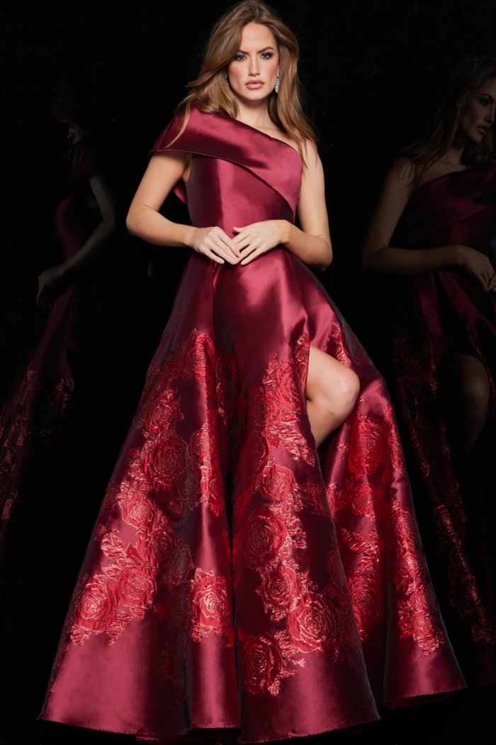 Front view of Jovani 09610 red dress with floral embroidery and single shoulder style.