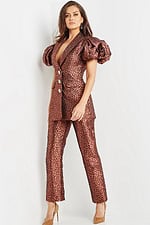 Side view of model in Jovani 09643 brown pantsuit showcasing blouson sleeves.