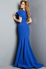 Back view of model in Jovani 09644 royal blue gown showing mermaid silhouette.