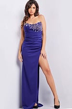 Model wearing Jovani 09657 elegant strapless purple dress with embroidery and high slit front view.