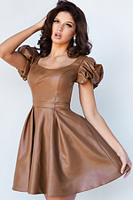 Front view of model in Jovani 09690 brown dress showing the A-line silhouette and elegant styling.