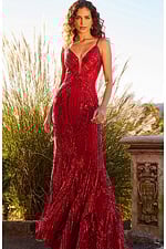 Front view of model in Jovani 09693 red gown with sequin detailing.
