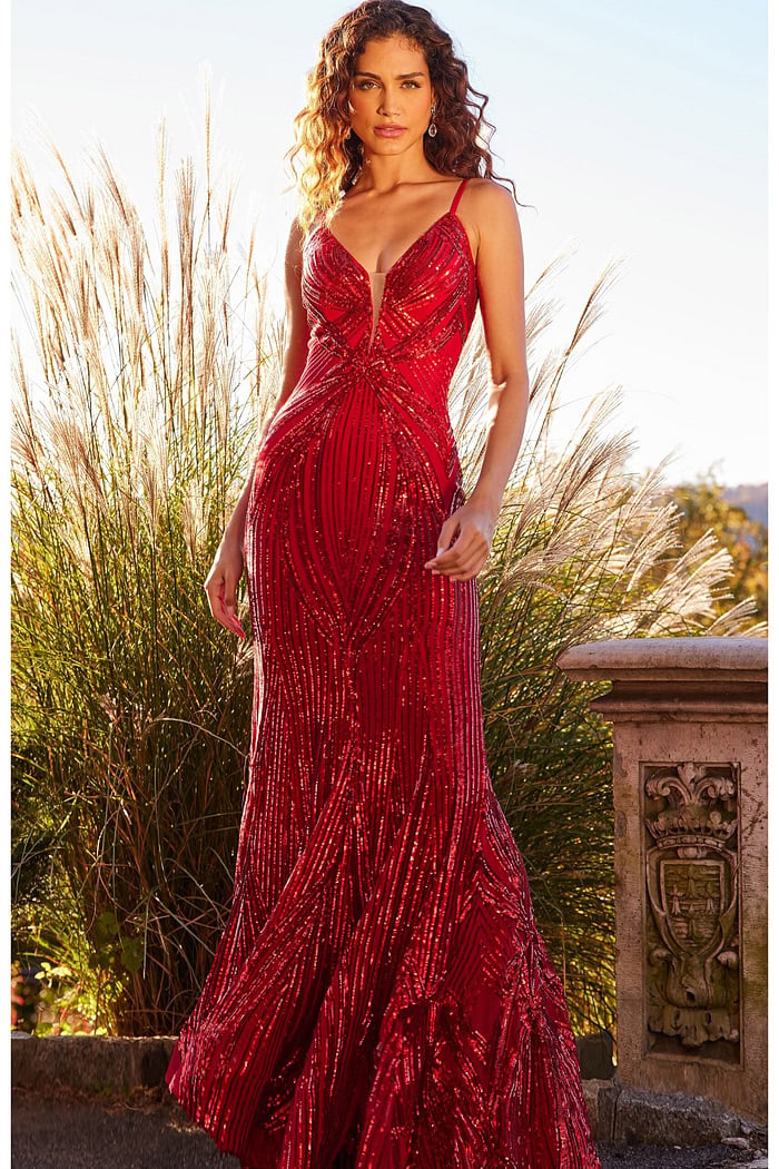 Front view of model in Jovani 09693 red gown with sequin detailing.