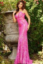 Jovani 09693 Hot Pink Plunging neck Embellished Dress | Jovani