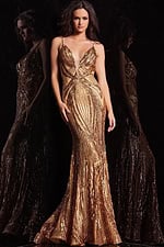Jovani 09693 gold gown with V-neckline, front view on model.