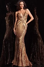Model showcasing Jovani 09693 gold gown with shimmering sequins, front view.