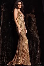 Gold Jovani 09693 gown with sequined embellishments, front view on model.
