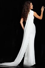 Back view of Jovani 09709 white sheath dress highlighting cascading wrap detail