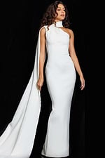 Model showcasing Jovani 09709 white gown with high neckline and sheath silhouette