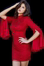 Model showcasing Jovani 09731 red mini dress highlighting high neckline and split sleeves.
