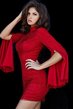 Model wearing Jovani 09731 red mini dress with high neckline and split sleeves, front view.