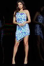 Model in Jovani 09736 standing in a multi-color dress.