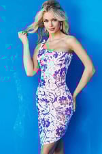 Close-up front of model wearing Jovani 09736 in multi-color.