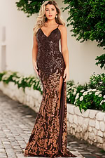 Model wearing 09749 brown dress with detailed sequins and high slit