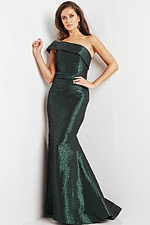 model wearing 09752 in green with off-the-shoulder neckline and mermaid silhouette