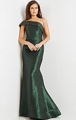 model wearing 09752 in green with elegant off-the-shoulder detail