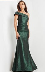 model wearing 09752 in green, showcasing the fitted bodice and flare