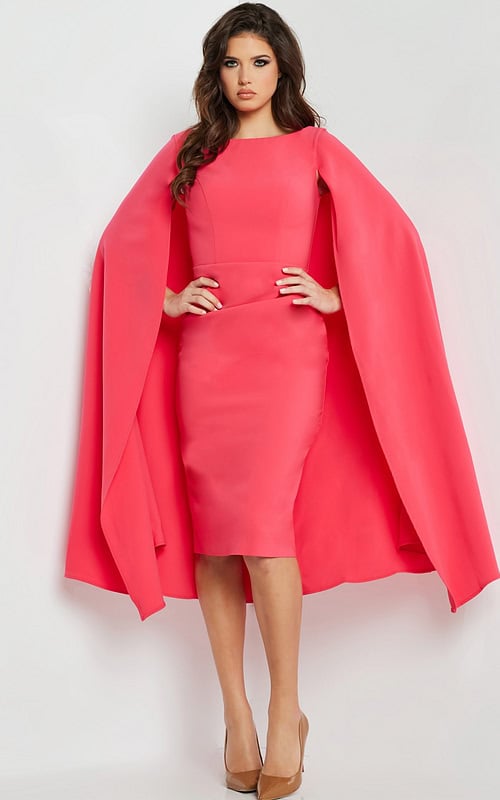 Model wearing Jovani 09756 red dress with cape sleeves from the front view.