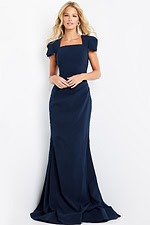 Model wearing Jovani 09757 navy gown full front view