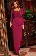 Model wearing Jovani 09763 burgundy gown with elegant draping