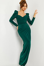 Model wearing Jovani 09763 green gown with sweetheart neckline