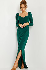 Model wearing Jovani 09763 green gown showing front draping
