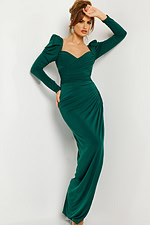 Model wearing Jovani 09763 green gown with long sleeves
