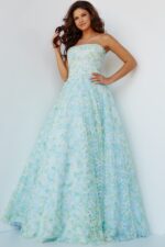 JOVANI 44726BG グリーン ドレスミスコンミセスコン Strapless A-Line Gown with Textured Floral Motif 44369 | Jovani
