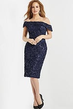 Front view of model in Jovani 09767 navy off-the-shoulder knee-length dress.