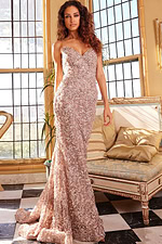 Model wearing Jovani 09768 in cafe front full-length view.